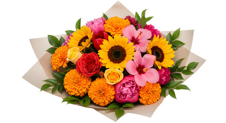 Colorful bouquet of sunflowers, roses, marigolds, and hibiscus flowers wrapped in decorative paper, perfect for gifting or special occasions