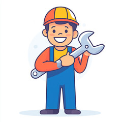 A happy cartoon construction worker in a hard hat holds a large, oversized wrench. White background