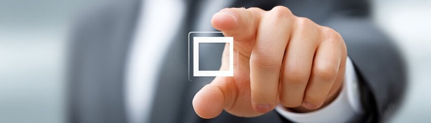 Businessman in suit presses button, a symbol of action, control, and starting new initiatives.