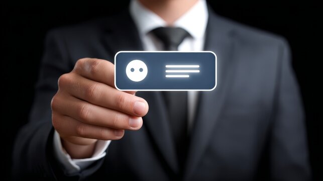 Businessman in a suit presenting business card for professional networking and contact exchange.