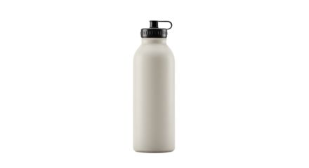 White plastic water bottle with black screw cap isolated on white background, perfect for hydration and fitness activities