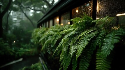 Rain - covered Ferns by a Window with Interior Lights, Isolated Background for Copy Space 