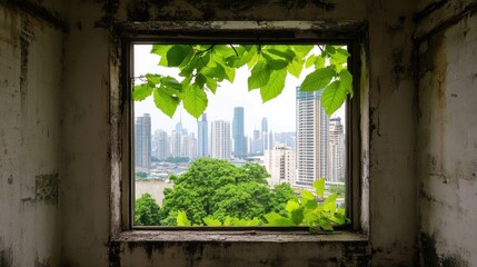 Forgotten room with leafy window framing distant skyscrapers in soft light.