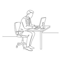 Illustration of person working at desk with computer drawing design line art 