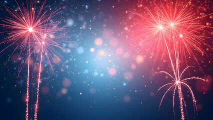 Vibrant display of fireworks with bokeh lights on a blue and red gradient background