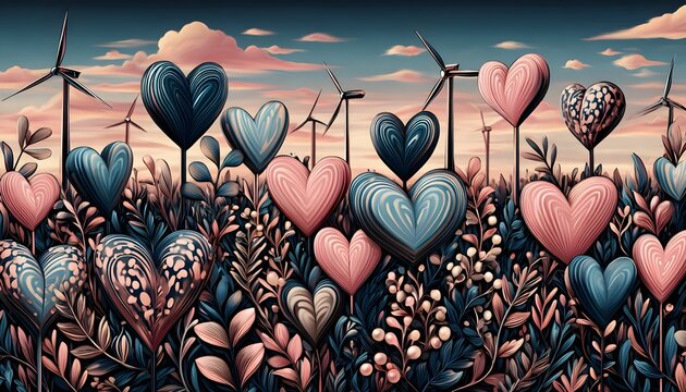 Stylized hearts and foliage with wind turbines under a romantic sunset sky, representing love for nature and sustainable energy.