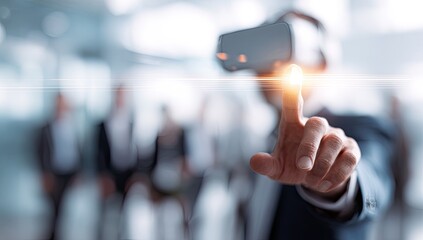 Businessman in VR headset, interacting with digital interface. Blurry background of colleagues