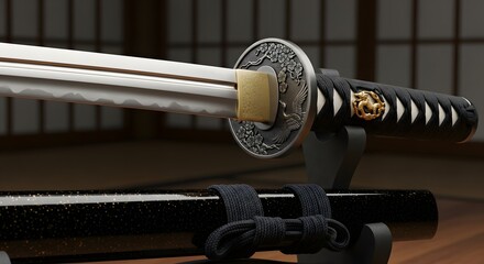 Martial Arts Action, Samurai Sword Close-up, Traditional Dojo, Photography, Indoor Setting, Artistic Perspective, Craftsmanship and History