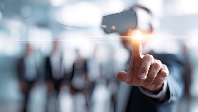 Businessman in VR headset, interacting with digital interface. Blurry background of colleagues