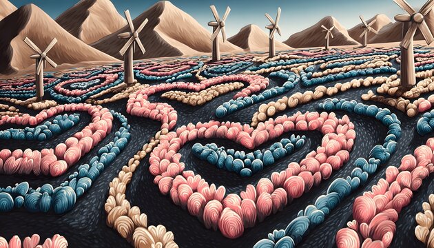 Artistic Wind Farm in Desert with Heart-Shaped Patterns Representing Sustainable Energy