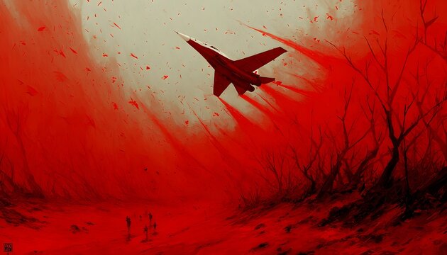 Fighter Jet Soaring Above Red Desolate Landscape with Ground Troops