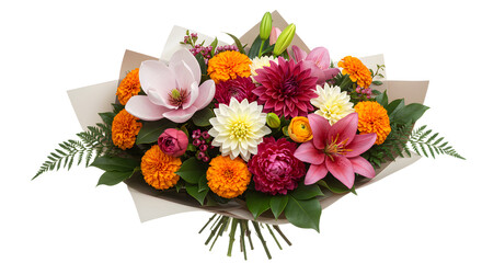 Bright colorful flower bouquet with lilies, marigolds, peonies, and dahlias wrapped in paper, perfect for celebrations and gifting