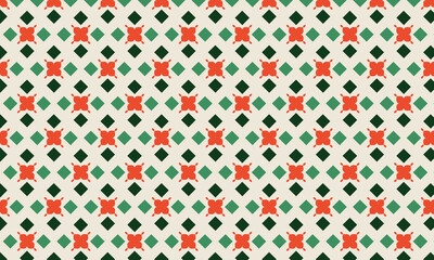 Cream background with repeating red and green geometric floral pattern abstract