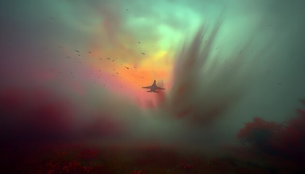Fighter Jet Silhouette Flying Through Vibrant Misty Sunset Sky Over Red Poppy Field - Powered by Adobe