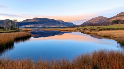 Obraz premium Gentle dawn over a secluded lake, complete with mountain reflections and soft ambient glow