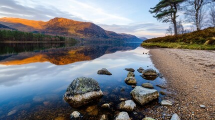 Fototapeta premium Gentle dawn over a secluded lake, complete with mountain reflections and soft ambient glow