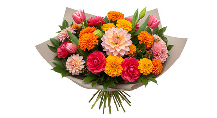 Obraz premium Colorful bouquet of mixed flowers with pink tulips, orange marigolds, red roses, and dahlias, perfect for weddings, anniversaries, and gifts