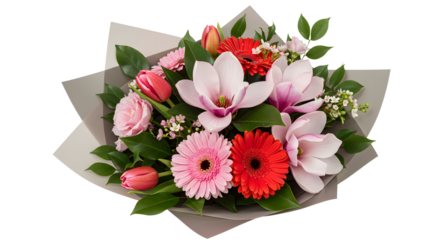 Fresh bouquet of assorted flowers with pink tulips, red gerbera daisies and white magnolia perfect for gift giving and special occasions