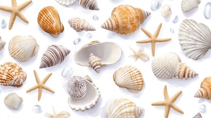 Gentle watercolor pattern with seashells, marine elements, and starfish in subtle beach colors