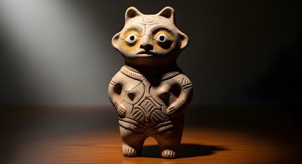 Unique Clay Figurine Displayed on a Table in a Dimly Lit Environment