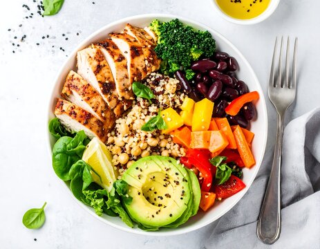 A vibrant bowl of grilled chicken, quinoa, avocado, and assorted vegetables