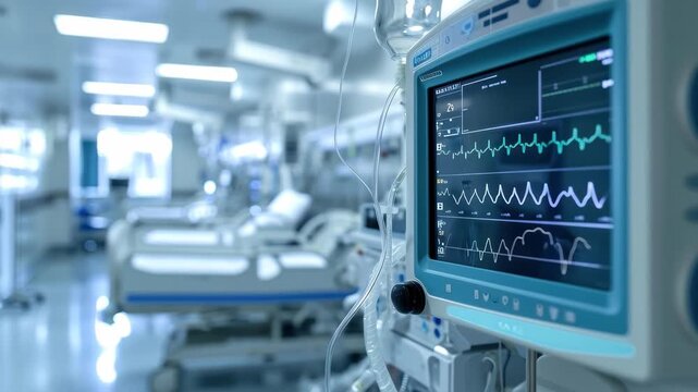 A hospital ICU scene captured at eye level, focusing on a heart monitor. The video concept emphasizes medical technology and patient care. Live desktop wallpaper.