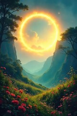 Fototapeta premium A serene, ethereal circle of light illuminates a lush, vibrant landscape, symbolizing protection and divine grace Perfect for spiritual, mystical, or nature-themed projects , positive, sun, beauty