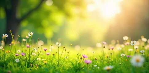 Fototapeta premium A serene scene of a sunlit meadow with wildflowers, conveying a sense of calm and gentle, nurturing energy Perfect for themes of wellbeing, healing, and natural vitality , rest, peaceful, wellbeing