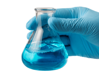 A gloved hand holds an Erlenmeyer flask containing vibrant blue liquid against a Transparent Background, PNG