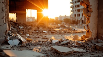 Golden rays pierce through holes in crumbled buildings, broken city in soft focus