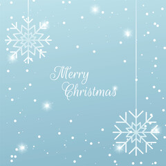 Christmas greeting card with hanging snowflakes and Merry Christmas lettering, light background