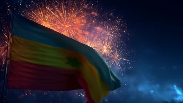 A national flag billows in the night wind, illuminated by a vibrant fireworks display exploding behind it, creating a festive and patriotic scene - Powered by Adobe