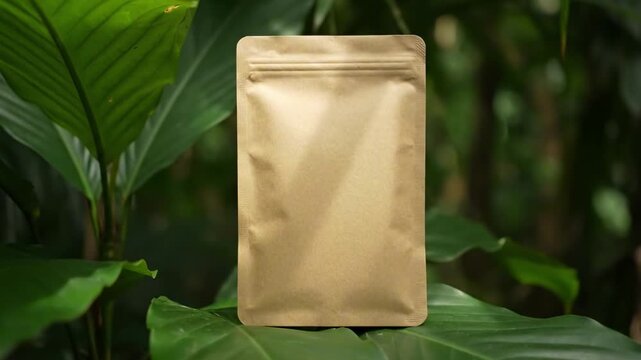 A golden packaging pouch stands prominently amidst lush green foliage, highlighting a natural setting that suggests eco-friendliness and organic products, ideal for marketing and advertising