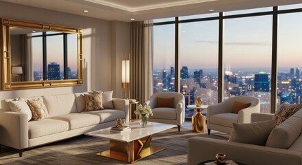 Luxurious Living Room with Cityscape View at Sunset Offers Serene Ambiance