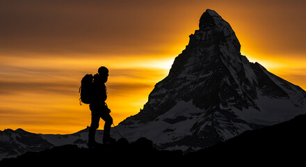 Obraz premium Determined Mountaineer Hiking Toward Mountain Summit, Strong Climber Walking with Determination to Reach the Peak
