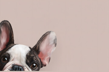 Cute French Bulldog peeking from wall portrait