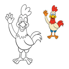 A cheerful rooster stands tall, joyfully waving its wing with a big smile. This fun coloring page lets kids add bright colors to a happy farmyard friend full of energy.
