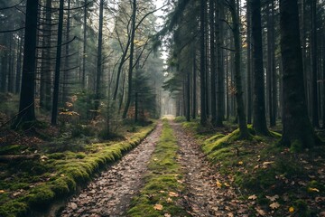 Obraz premium Path through a dark and moody evergreen forest