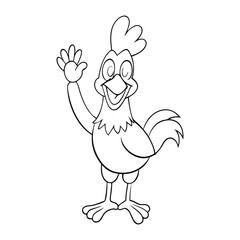 A cheerful rooster stands tall, joyfully waving its wing with a big smile. This fun coloring page lets kids add bright colors to a happy farmyard friend full of energy.
