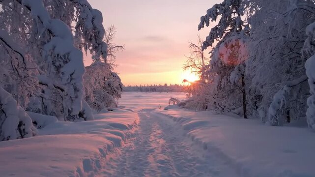 Serene winter landscape showcasing a snow-covered pathway leading into a tranquil forest at sunset, with soft pink and orange hues illuminating the snowy scene, perfect for nature-themed projects