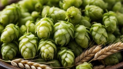 A Detailed Macro of Fresh Green Hops and Golden Wheat Ears for Brewing