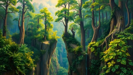 Majestic ancient trees with gnarled roots perched on rocky outcrops in a vibrant, sundappled forest