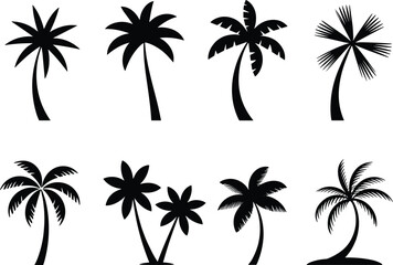Collection of tropical palm tree silhouettes, summer beach design, exotic island nature, black coconut trees, vacation symbol, vector illustration, decorative set