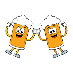 Two frothy cartoon beer mugs clink together in a cheerful toast, spilling foam as they celebrate friendship, fun, and good times with a playful, festive vibe.
