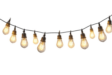 Glowing String Lights With Edison Bulbs On Transparent Background, PNG