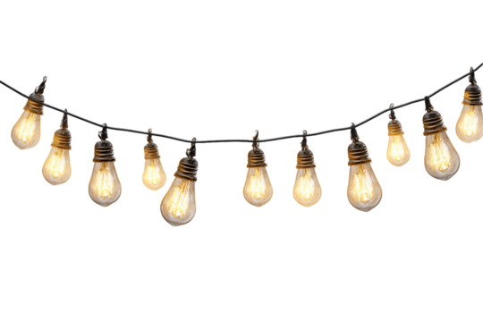 Glowing String Lights With Edison Bulbs On Transparent Background, PNG