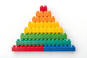 A pyramid constructed from colorful building blocks in ascending rows on a white background construction