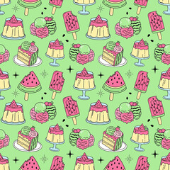 seamless pattern with watermelon dessert on green background