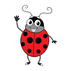 A cute cartoon ladybug with bright red wings and black spots is happily waving, spreading joy and friendliness with its cheerful expression and playful charm.
