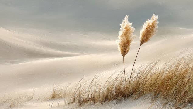 Two light beige pampas grasses stand in a dune landscape,  windswept